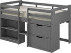 Grey Twin Loft Bed with Built in Drawers and Bookshelf