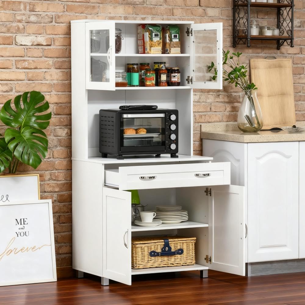 Modern Freestanding Kitchen Pantry Cabinet, 2 Double-Door Cabinets & Pull-Out Drawer, Framed Glass Doors, Anti-Topple Design, 31.5" W x 67" H