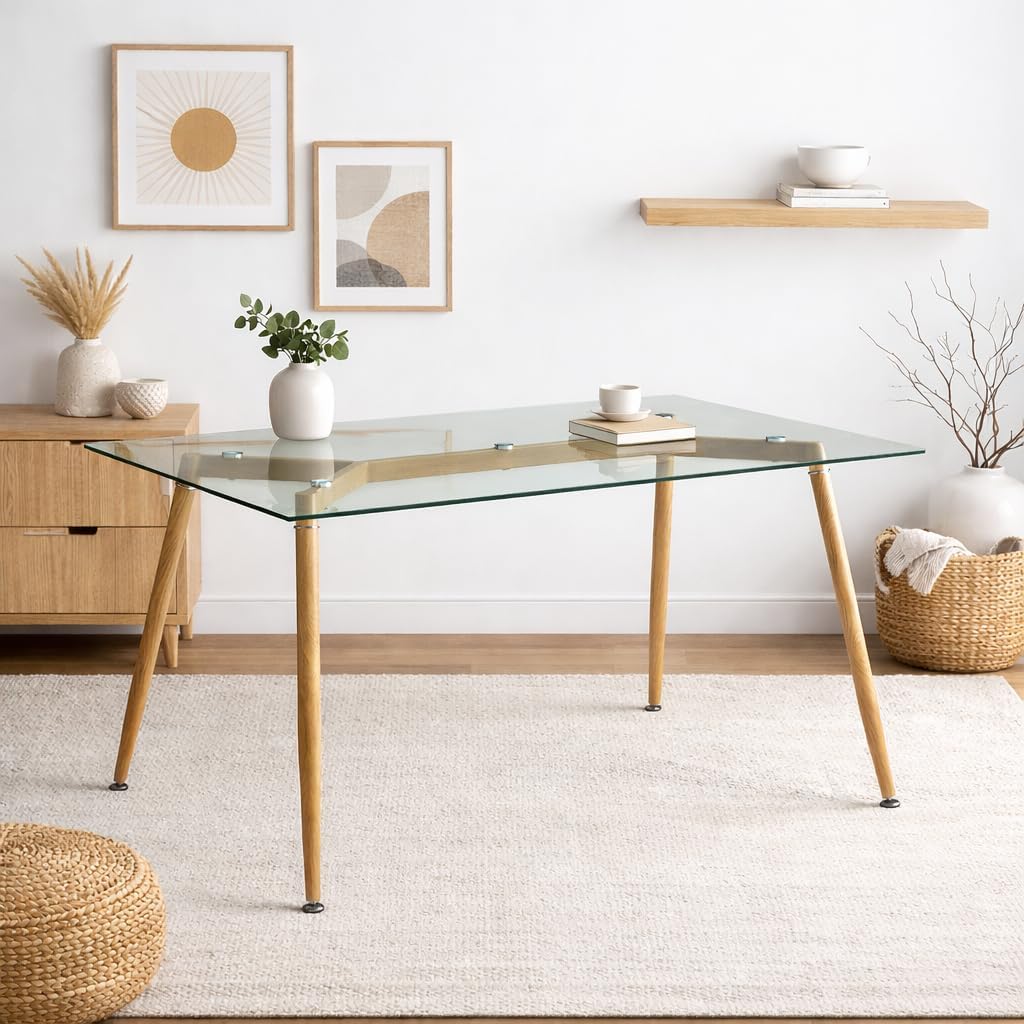 Mid-Century Modern Dining Table, 51.1" Rectangular Tempered Glass Kitchen Table with Wood Grain Metal Legs, Space-Saving Clear Desk for Dining Room & Home Office (Table Only)