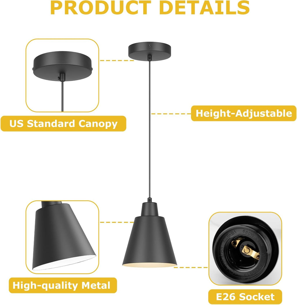 Industrial Pendant Lights, Black Pendant Light Fixtures, Vintage Kitchen Island Light with Black Metal Shade, Farmhouse Pendant Lights for Dinning Table Bedroom Bar - Black, 3 Packs