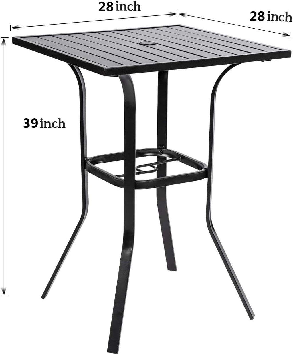 Patio Bar Table, Outdoor Bar Height Bistro Table with Umbrella Hole, Metal Frame and Slat Design (Black)