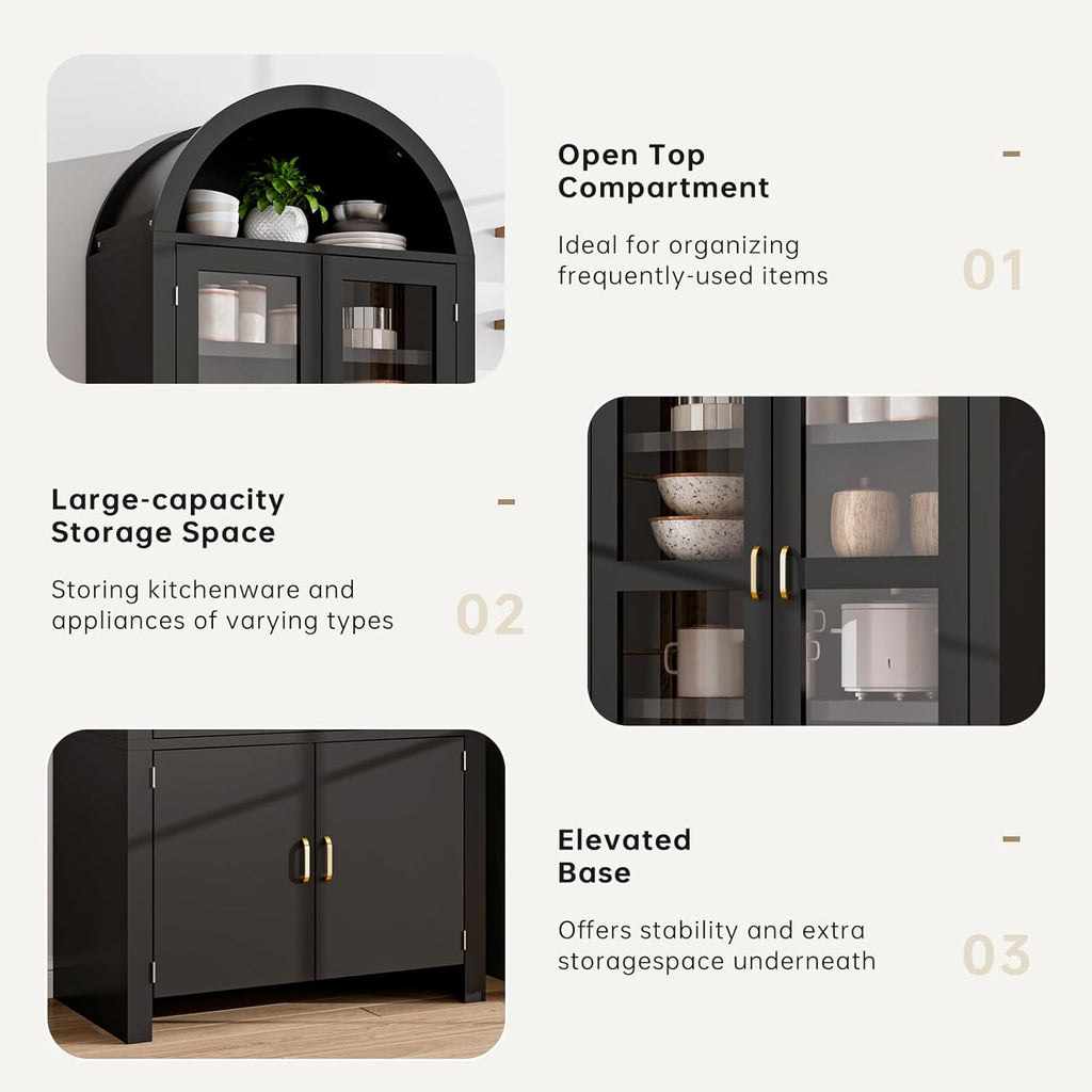 71" Tall Arched Kitchen Pantry, Modern Farmhouse Kitchens Storage Cabinets, Versatile Cupboard for Kitchen, Dining Room, Black, 1 Pc