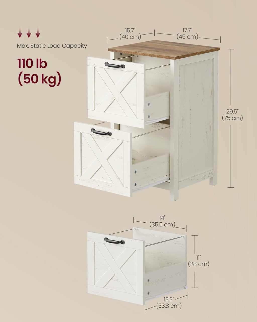 VASAGLE File Cabinet, 2-Drawer Filing Cabinet for Home Office, Modern Farmhouse, Adjustable Hanging Rail for A4 Letter Files, Printer Stand, Study Bedroom, Rustic White and Honey Brown UOFC086WJ02S