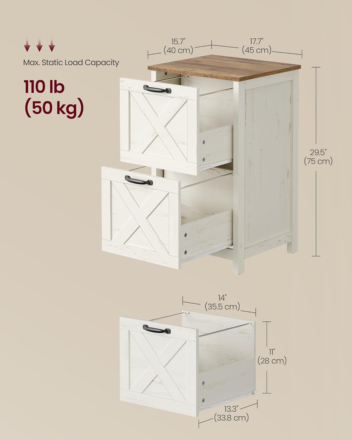 VASAGLE File Cabinet, 2-Drawer Filing Cabinet for Home Office, Modern Farmhouse, Adjustable Hanging Rail for A4 Letter Files, Printer Stand, Study Bedroom, Rustic White and Honey Brown UOFC086WJ02S