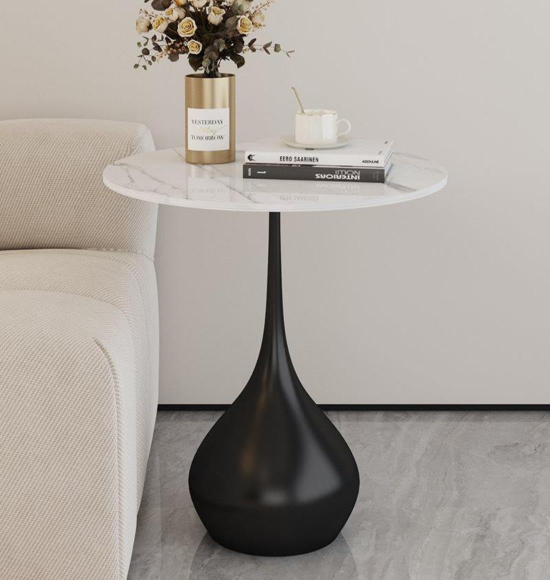 Small Sofa Side Table with Faux Marble Top, Round Accent Table Modern End Table Floor Coffee Table for Small Spaces Living Room