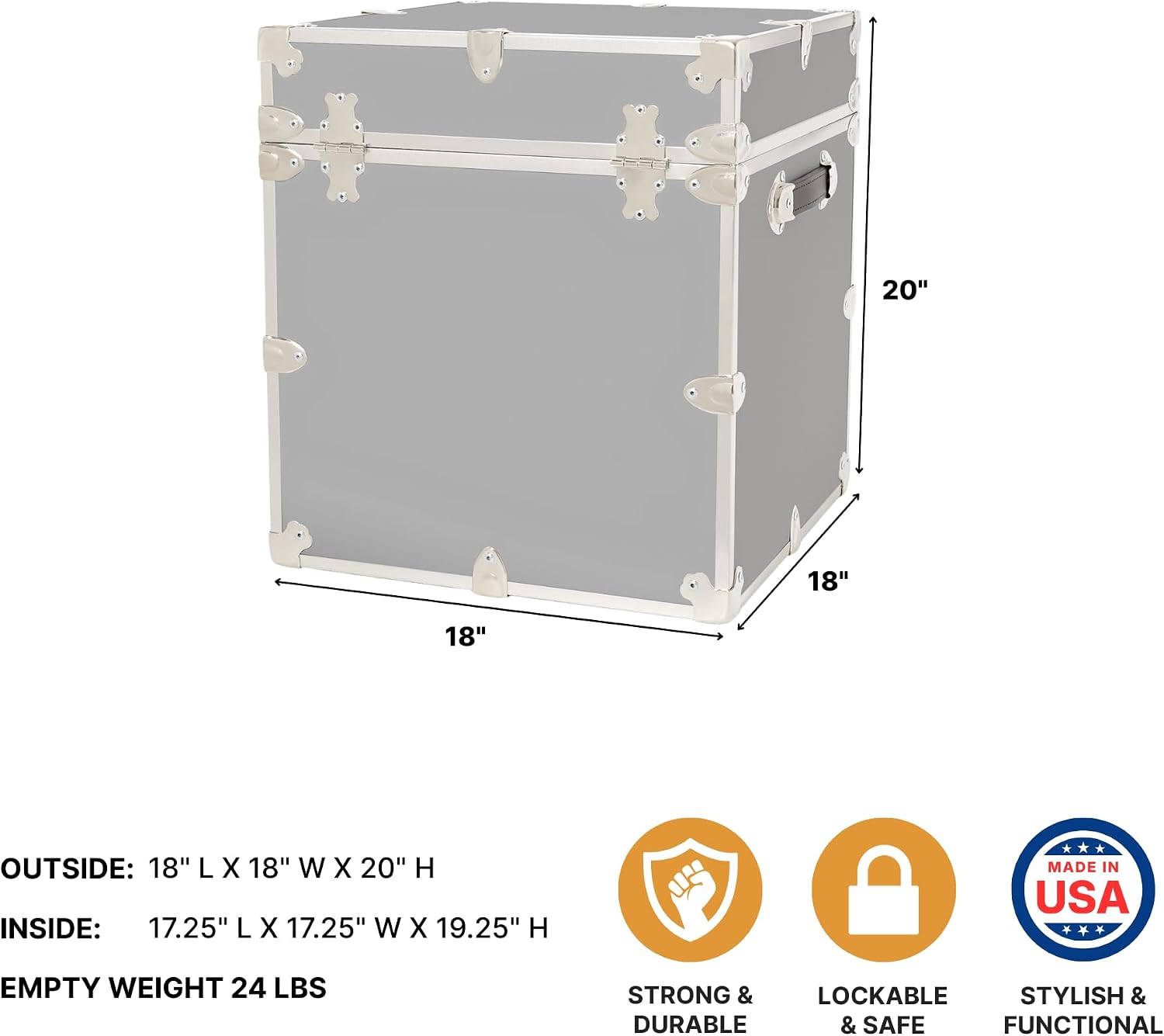 Rhino Trunk & Case Classic Cube Trunk - Home Storage Box, College Footlocker and Seating - 18"x18"x20", 1500+ lbs Capacity, Many Colors, Soft-Close Lid. USA Made Secure Dorm Furniture & Organization