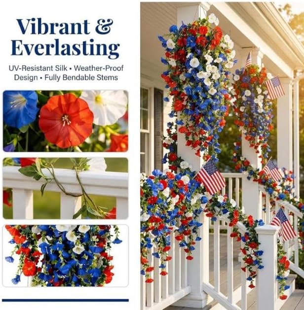 2 PCS Patriotic Hanging Flower Baskets with LED Lights, Red White and Blue Artificial Flowers for Outdoor Porch Decor, UV Resistant Faux Flowers for 4th of July, Memorial Day Garden Patio Decor