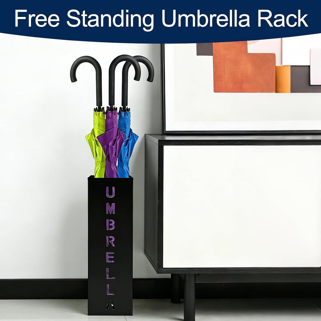 Square Metal Umbrella Canes Holder, Free Standing Umbrella Rack Stand Storage Bucket, Walking Sticks Organizer Bin for Indoor Entryway, Home, Office and Hotel, 16.3" x 6.3" x 6.3", Black