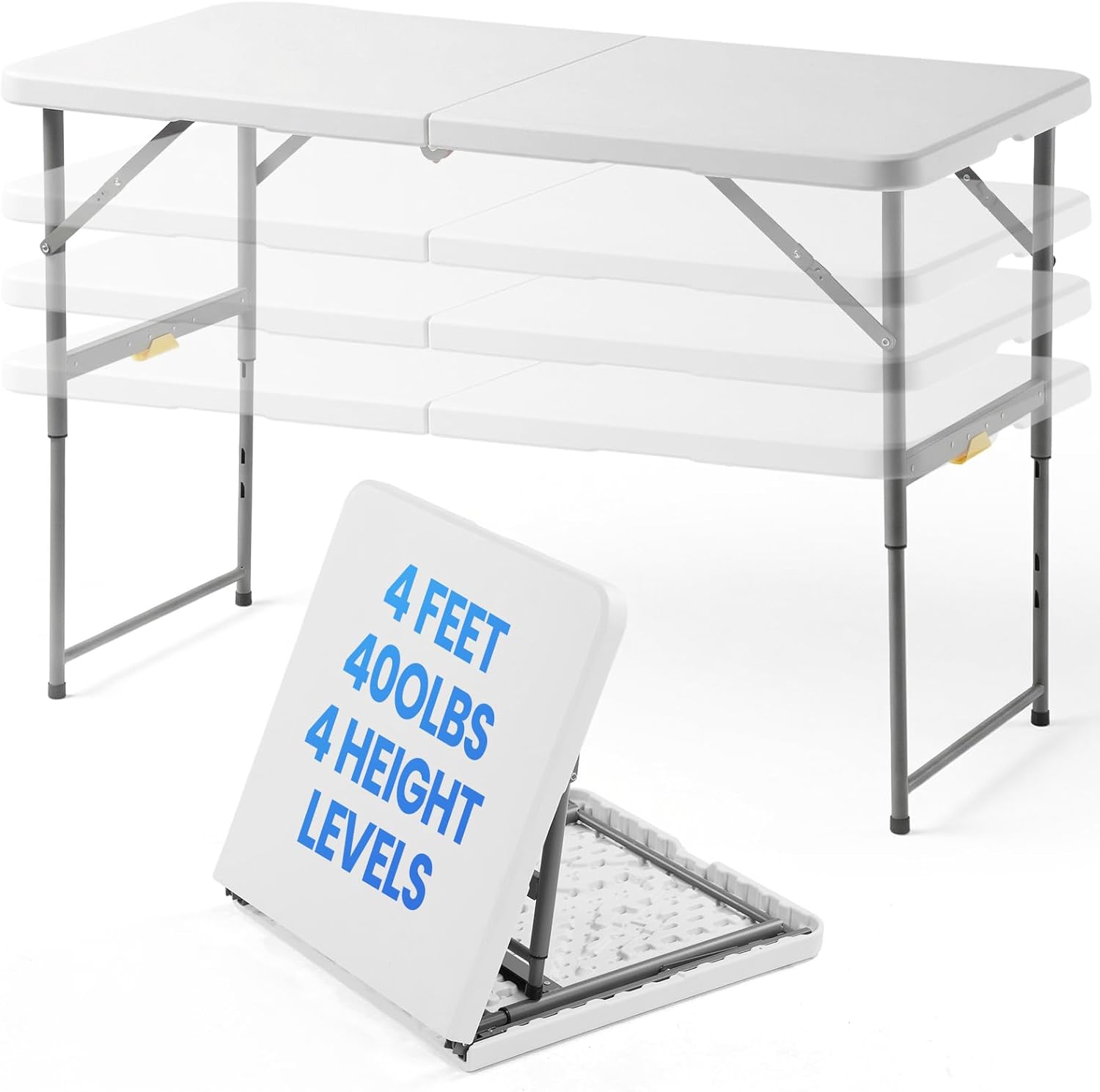 4 Foot Foldable Table with Built in Handle & Steel Legs, 4FT Portable Adjustable Height Heavy Duty Small Card Folding Table for Parties, Dining, Events, Picnic, Indoor & Outdoor, Camping, Utility
