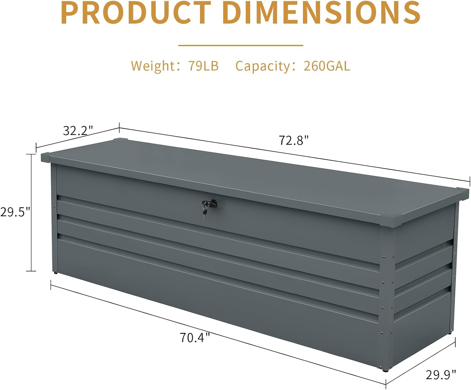 Multi-Purpose 260 Gallon Patio Storage Bench, Carbon Black Metal Storage Box with for Cushions, Garden Tools, Pool Supplies & Patio Use