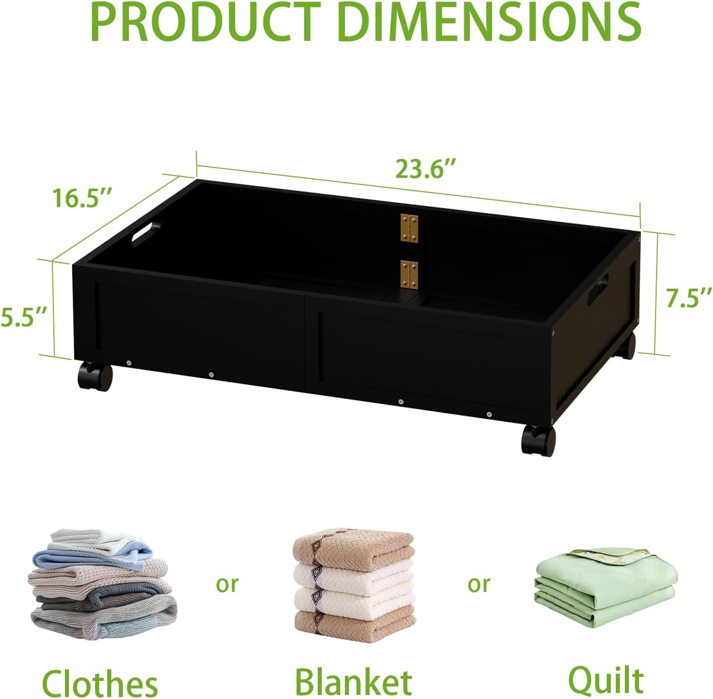 Bamboo Under Bed Storage Containers, Rolling Underbed Organizer with Wheels, Sturdy Under the Bed Shoe Storage Bins, Stackable Underbed Drawers for Bedroom Closet Clothing Toy 2 Packs (Black, Small)