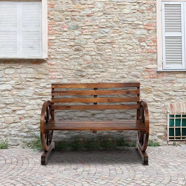 Rustic 2 Person Wooden Wagon Wheel Outdoor Bench, Solid Fir Wood Patio Garden Bench with Slatted Seat & Backrest, Brown Vintage Yard Leisure Chair