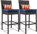 Sundale Outdoor Wicker Bar Stool Set of 2, 30 Inch Seat Height Patio Counter Height Stool with Back Rest, Rattan Woven Tall Chair with Pillow & Navy Blue Cushion, High Bar Stool - Steel, Charcoal