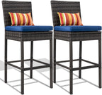 Sundale Outdoor Wicker Bar Stool Set of 2, 30 Inch Seat Height Patio Counter Height Stool with Back Rest, Rattan Woven Tall Chair with Pillow & Navy Blue Cushion, High Bar Stool - Steel, Charcoal