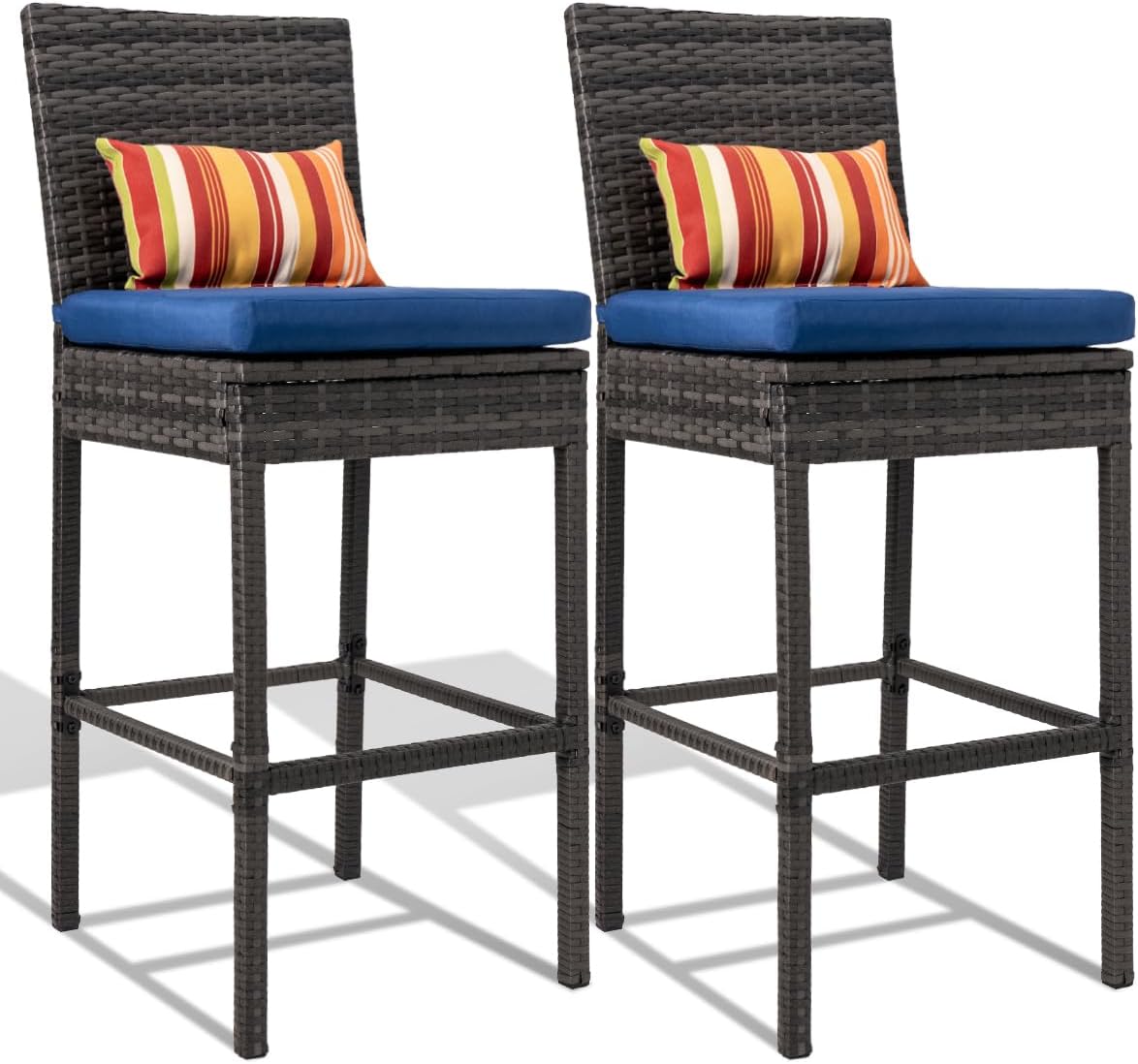 Sundale Outdoor Wicker Bar Stool Set of 2, 30 Inch Seat Height Patio Counter Height Stool with Back Rest, Rattan Woven Tall Chair with Pillow & Navy Blue Cushion, High Bar Stool - Steel, Charcoal