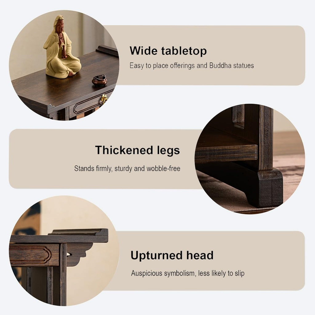 2-Tier Meditation Table, Personal Shrine Altar Cabinet with Retractable Pull Plate, Bamboo Prayer Table for Living Room, Bedroom, Office(19.6 * 9.8 * 11in)