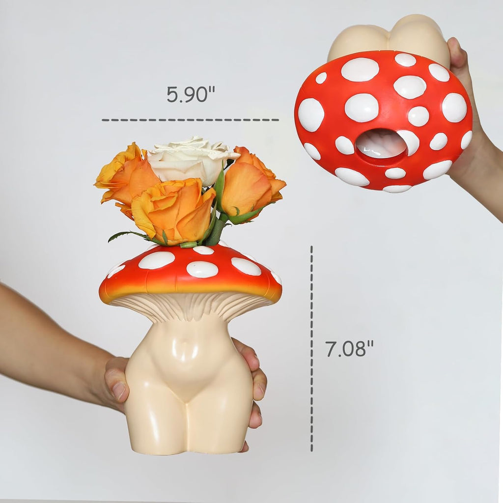 GUGUGO Mushroom Lady Body Vase for Flower, Funky Mushroom Decor, Eclectic Lady Form Butt Vases for Flowers, Unique Cute Face Head Room Decor Aesthetic for Modern Home, Gradient Head & Bronze Body