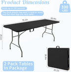 Fivenl 2 Pack 6 Feet Portable Folding Table Black, Steel Legs Fold-in-Half with Carrying Handle Rectangular Plastic Foldable Table for Party, Wedding, Camping, Picnic, Dining, Indoor Outdoor Events