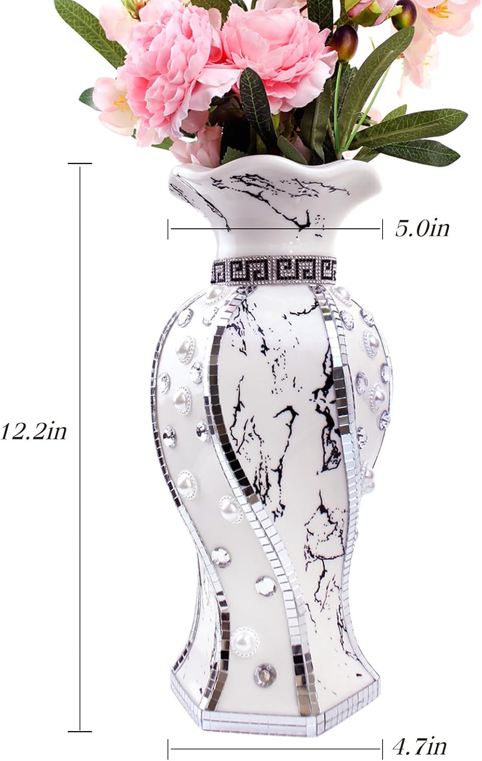 Modern Decorative Vase,Silver Flower Vase for Home Decor with Rhinestone,30 cm Luxury Ceramic Vase for Centerpiece,Living Room,Bedroom,Large Flower Vase