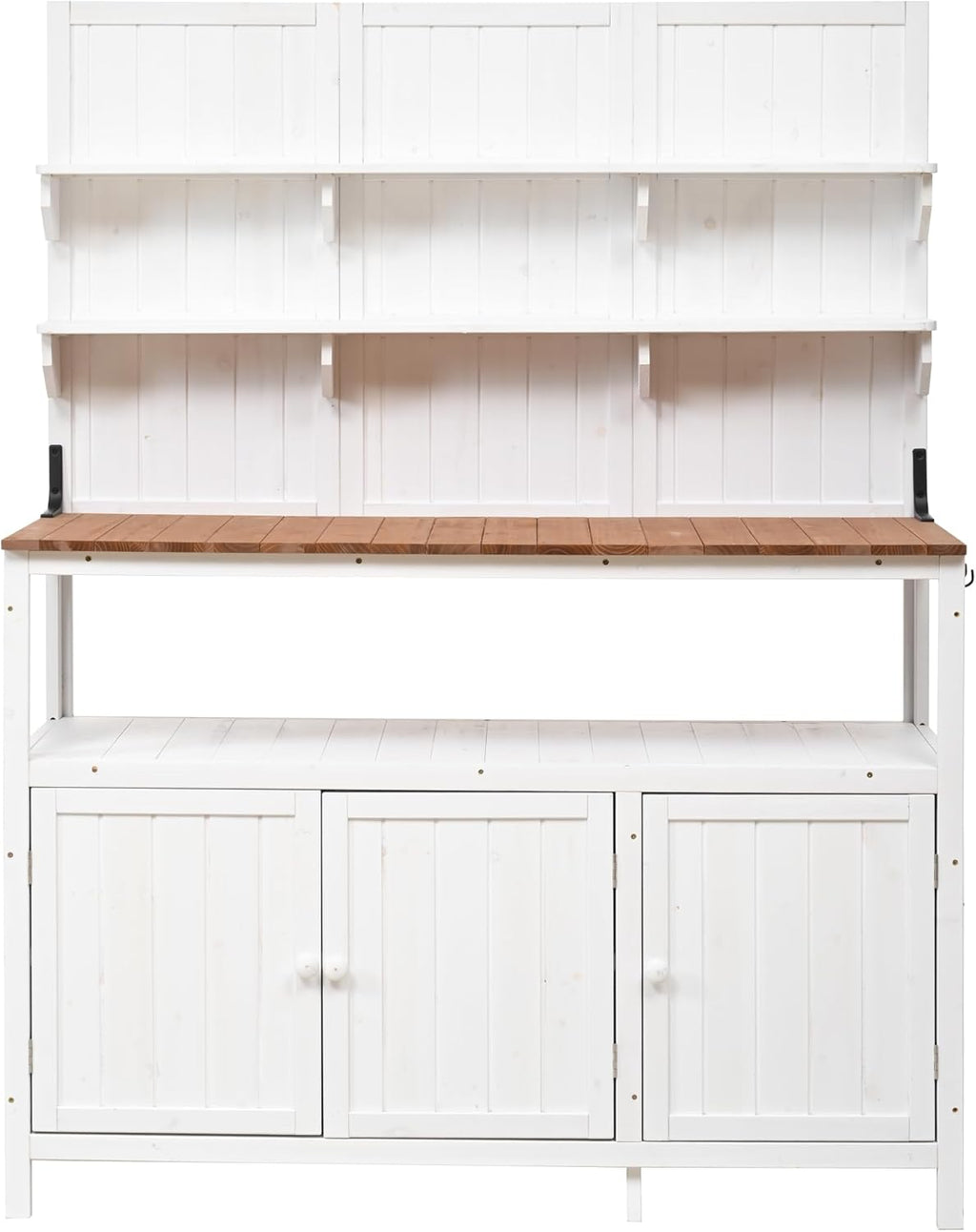 SOFTSEA Outdoor Potting Bench with Hutch, 50.2" Fir Wood Garden Workstation with 2 Shelves & 2 Cabinets, Outdoor Planting Table with Large Countertop & 3 Side Hooks, White