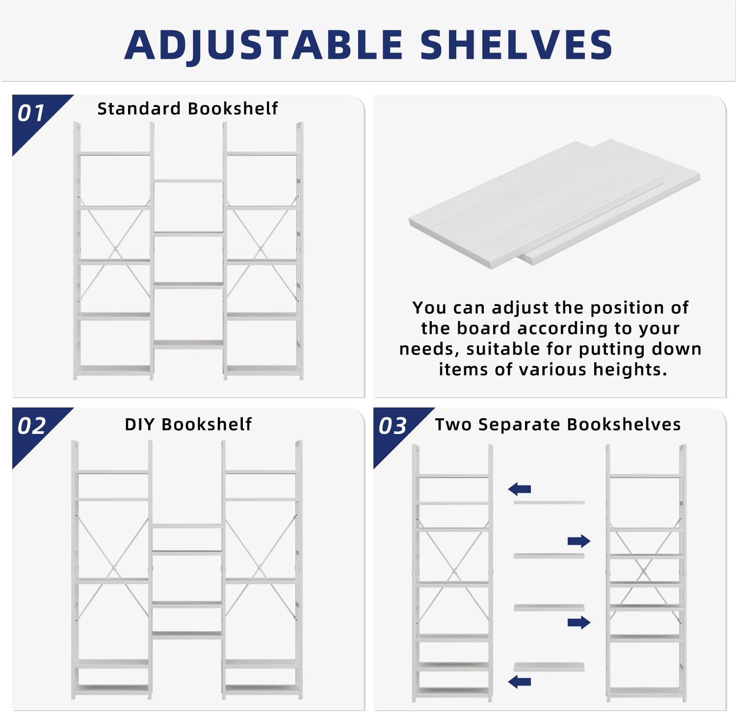 NUMENN Triple Column 5 Tier Bookshelf, Bookcase with 14 Open Display Shelves, Adjustable Rustic Industrial Style Book Shelves, Modern Bookshelves for Bedroom, Living Room and Home Office, White