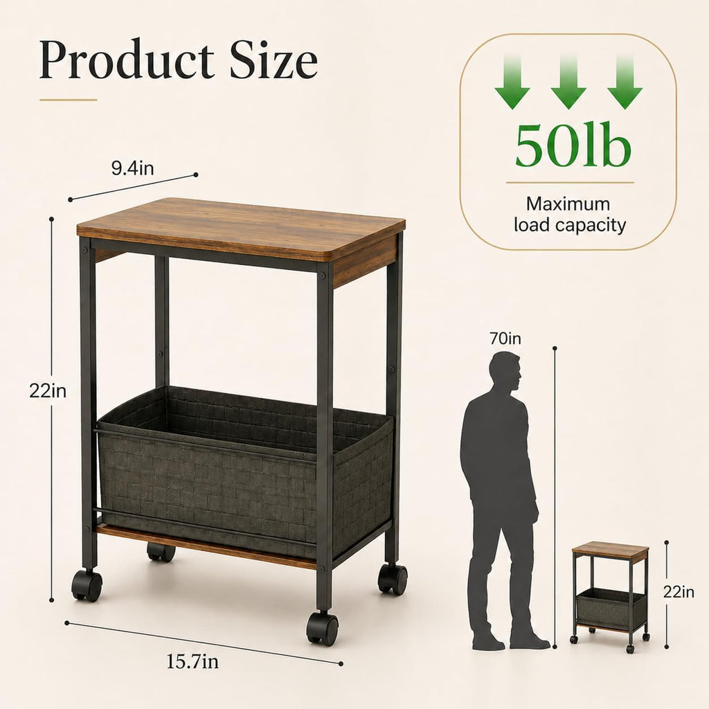 Rustic Brown Rolling Side Table with Storage Basket, Narrow End Table on Wheels for Small Spaces, 15.75" D x 9.84" W x 22.05" H Sofa Side Table with Fabric Bin for Living Room and Bedroom