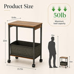 Rustic Brown Rolling Side Table with Storage Basket, Narrow End Table on Wheels for Small Spaces, 15.75" D x 9.84" W x 22.05" H Sofa Side Table with Fabric Bin for Living Room and Bedroom