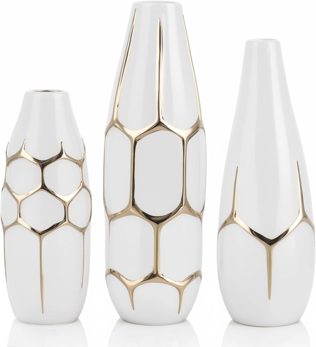 Ceramic Geometric Decorative Vase Set of 3, White and Gold Vases, Modern Home Decor Vases, Suitable for Living Room, Kitchen, Bedroom, Bathroom, Entryway Mantel, and TV Console Decor.