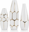 Ceramic Geometric Decorative Vase Set of 3, White and Gold Vases, Modern Home Decor Vases, Suitable for Living Room, Kitchen, Bedroom, Bathroom, Entryway Mantel, and TV Console Decor.