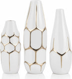 Ceramic Geometric Decorative Vase Set of 3, White and Gold Vases, Modern Home Decor Vases, Suitable for Living Room, Kitchen, Bedroom, Bathroom, Entryway Mantel, and TV Console Decor.