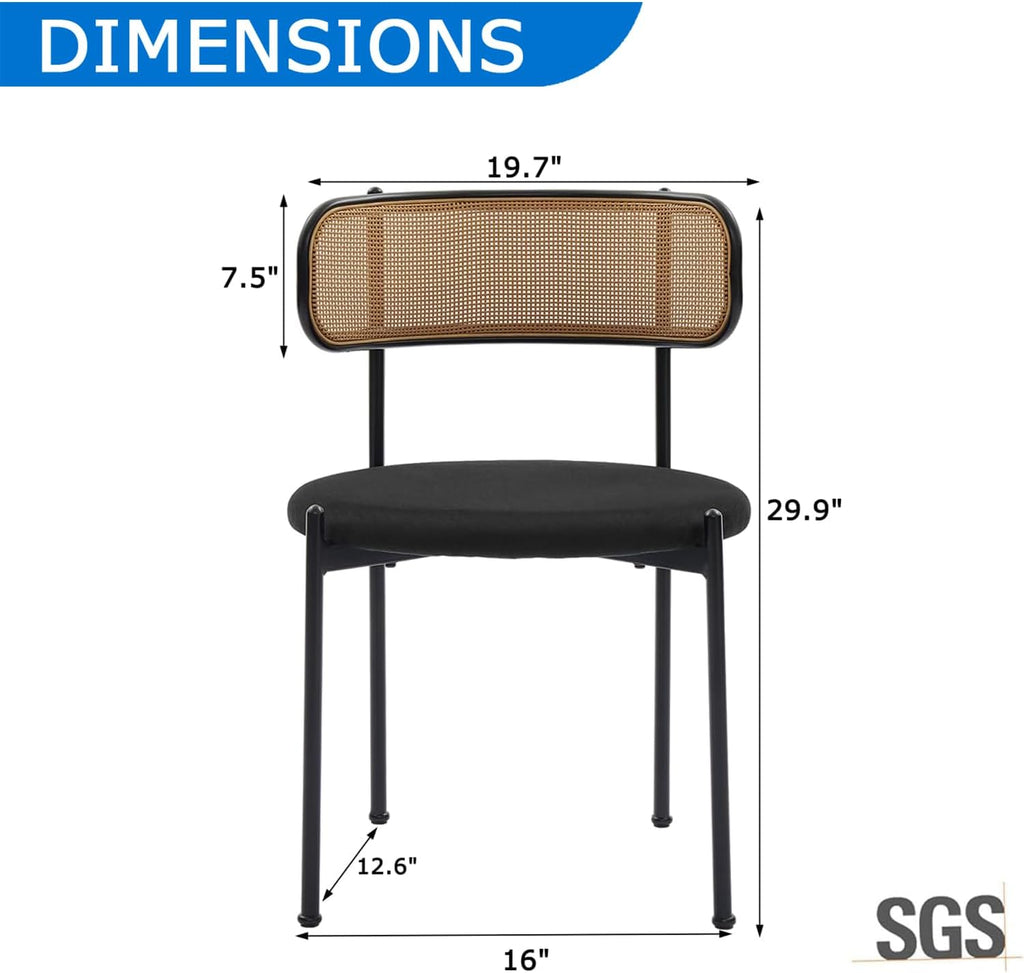 Rattan Dining Chairs Set of 2, Velvet Mid-Century Modern Upholstered Dining Chairs with Woven Cane Backrest, Black Kitchen Dining Room Chairs