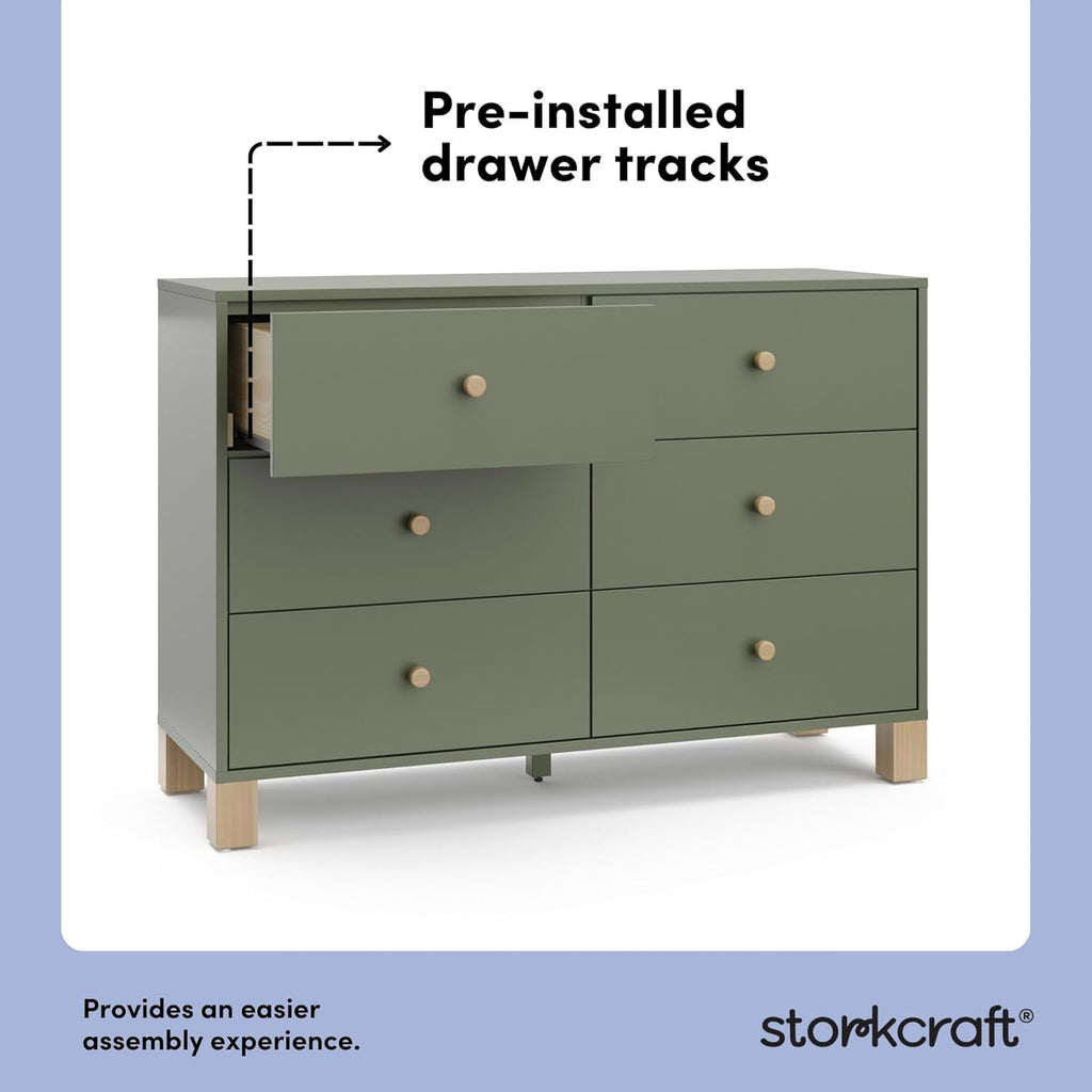 Storkcraft California 6-Drawer Double Dresser, Olive with Driftwood | GREENGUARD Gold Certified, Wood Dresser, Spacious Storage Organizer for Kids Bedroom, Safety Interlocking Drawer System