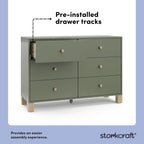 Storkcraft California 6-Drawer Double Dresser, Olive with Driftwood | GREENGUARD Gold Certified, Wood Dresser, Spacious Storage Organizer for Kids Bedroom, Safety Interlocking Drawer System