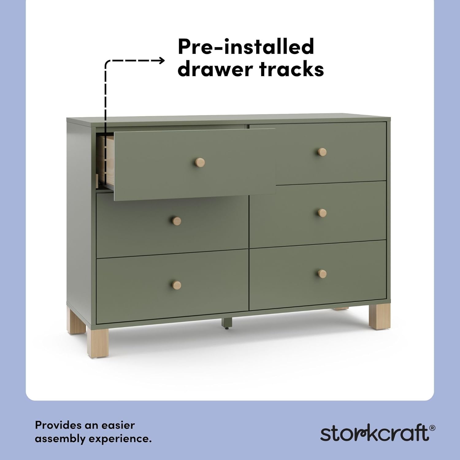 Storkcraft California 6-Drawer Double Dresser, Olive with Driftwood | GREENGUARD Gold Certified, Wood Dresser, Spacious Storage Organizer for Kids Bedroom, Safety Interlocking Drawer System