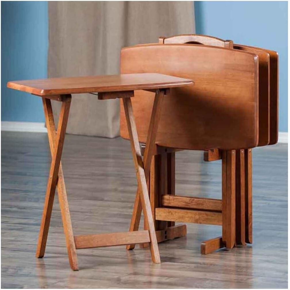 HomeStock Renaissance Romance 5-Piece Oversize Snack Table Set with Solid Teak Finish, Curved Sides, Rounded Corners, and Sturdy Stand, 23.6" W x 15.75" D x 25.5" H Teak