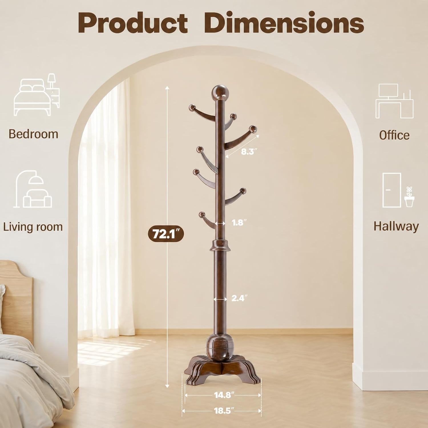 Wooden Coat Rack, 7 Hooks Freestanding Wood Coat Tree Rack with Stable Base | Space-Saving Hall Tree, Heavy Duty Coat Hanger Stand, 210 lbs, Solid Wood Coat Tree for Entryway Hallway Bedroom Office