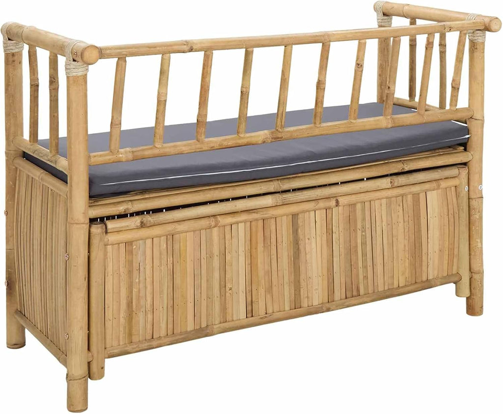 Bamboo Garden Storage Bench 110 x 47 x 80 cm, Natural Finish Outdoor Seat with Hidden Compartment for Tools and Cushions, Post Leg Design for Stability, Easy Assembly Required