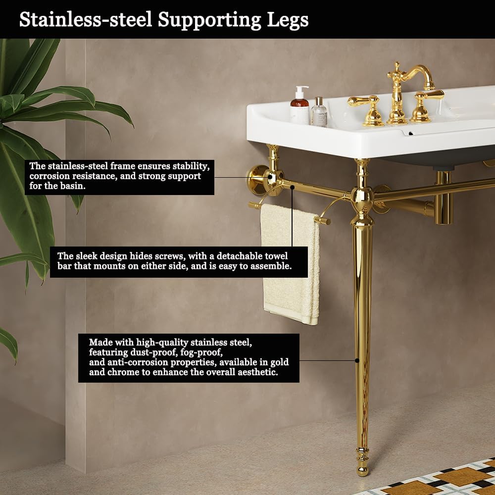 28" Bathroom Console Sink, Wall-Mounted White Ceramic Vanity Basin with 3 Pre-drilled Faucet Holes, Freestanding Gold Stainless Steel Support Legs with Towel Bar, No Faucet - Rome, White