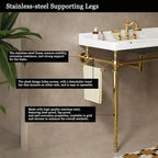 28" Bathroom Console Sink, Wall-Mounted White Ceramic Vanity Basin with 3 Pre-drilled Faucet Holes, Freestanding Gold Stainless Steel Support Legs with Towel Bar, No Faucet - Rome, White