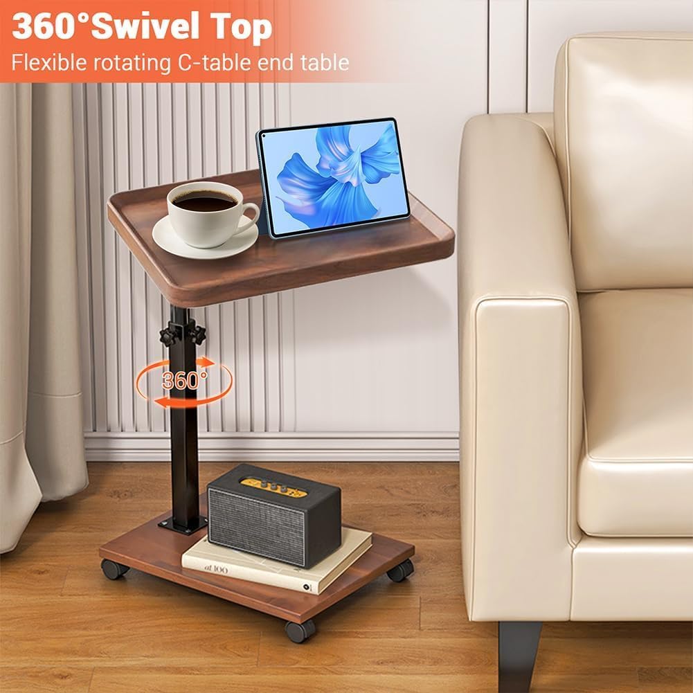 C Table End Table Adjustable Height for Couch, 360°Swivel TV Tray Table, Couch Tables That Slide Under for Eating on Couch, Bedroom or Livingroom Laptop-Table for Couch Side Desk with Wheels