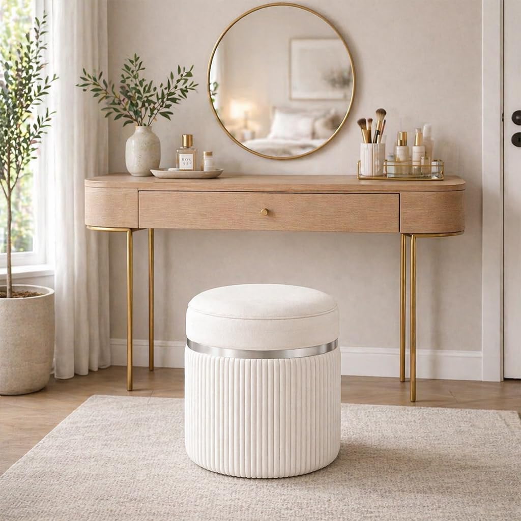 Round Storage Ottoman Set of 2 - White Ottoman with Storage for Living Room - Velvet Vanity Stool and Footrest - Round Nesting Ottoman Stools for Bedroom Makeup Area - Hidden Storage