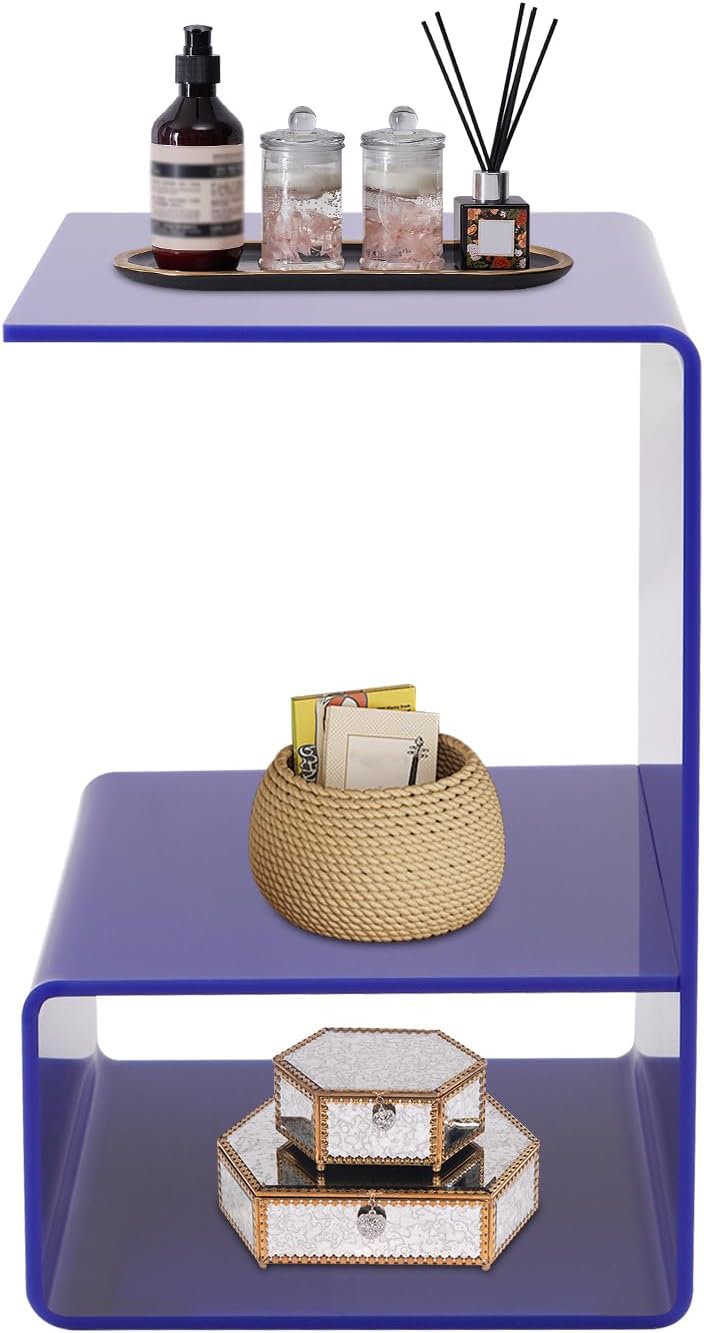 3-Tier Acrylic End Table, Sofa Side Couch Table Coffee Table, Small Space Organizer Nightstand Bed Side Table, for Home Bedroom Bathroom Living Room Office Coffee Shop (Blue)
