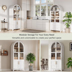 71" Tall Wooden Arched Storage Cabinet, Kitchen Pantry Cabinet with Hidden Drawer & Glass Door for Kitchen, Dining Room, Living Room and Bathroom (White)