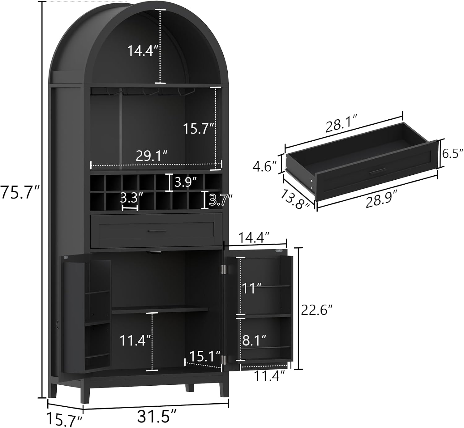 Loomie 75.7" Tall Arched Wine Cabinet, Modern Bar Cabinets with Glass Holders & Wine Rack, Liquor Cabinet for Home, Kitchen Pantry W/Drawer & Shelves, Versatile Cupboard for Dining Room (Black)