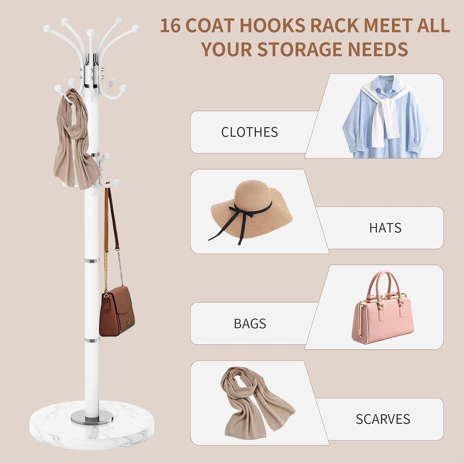 Coat Rack Stand 360°Rotary Coat Rack Freestanding with 16 Hooks | Modern Metal Coat Rack with Natural Marble Base,Coat Hanger Stand, White Coat Hall Clothes Tree for Hallway,Entryway,Office
