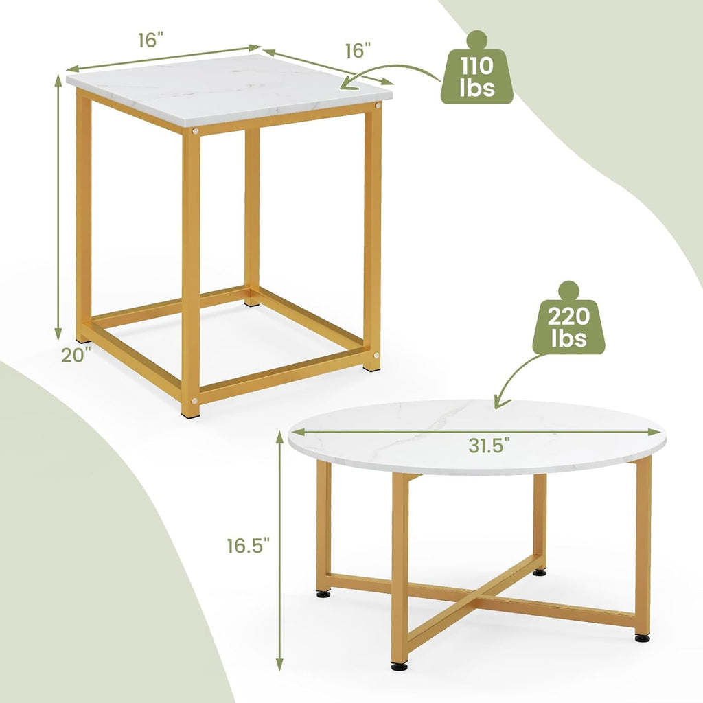 COSTWAY Coffee Table Set of 3, Round Faux Marble Coffee Table and 2 Square End Side Tables with Metal Frame, Modern 3-Piece Living Room Tables Set for Small Space, Apartment (White & Gold)
