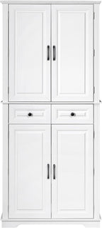 Kitchen Pantry with 3 Pull Out Cabinet Organizers, Farmhouse Freestanding Storage Cabinet with 6 Door Shelves and 2 Drawers for Kitchen, Dining Room (White)