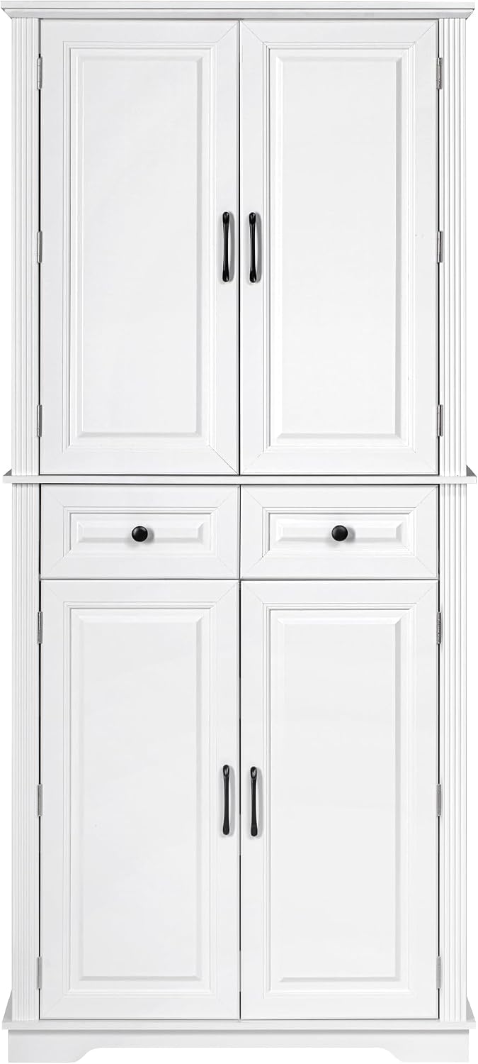 Kitchen Pantry with 3 Pull Out Cabinet Organizers, Farmhouse Freestanding Storage Cabinet with 6 Door Shelves and 2 Drawers for Kitchen, Dining Room (White)