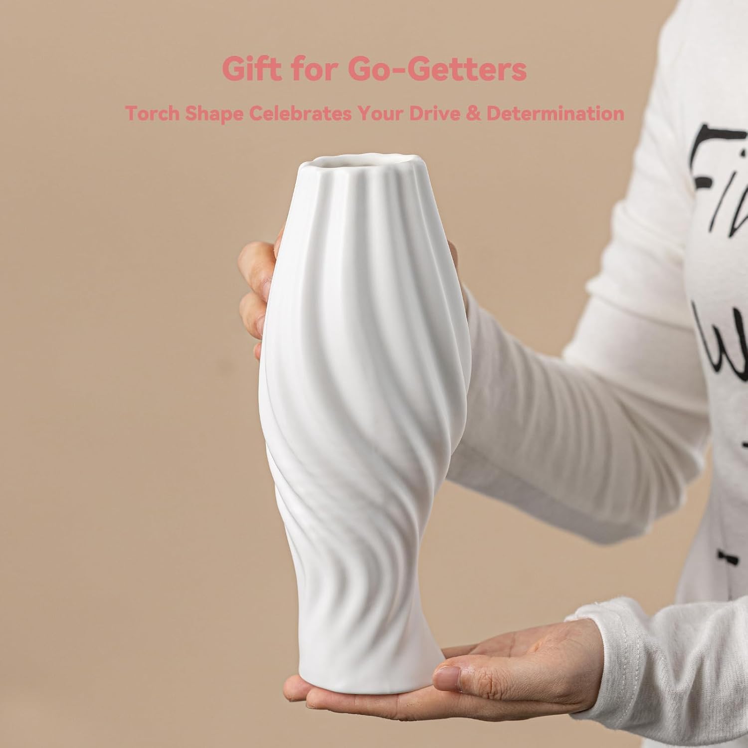 White Ceramic Torch Vase with Spiral Design - 8.8" Unique Flower Vase for Pampas Grass & Centerpieces, Decorative Boho/Farmhouse Vase for Living Room, Office Desk & Gift for Her/Yourself