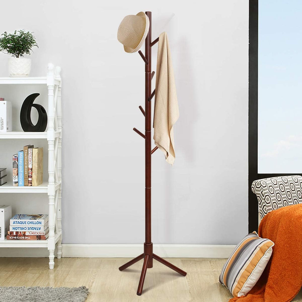 Tangkula Coat Rack Freestanding, Rubber Wood Coat Stand with 8 Hooks, Height Adjustable Entryway Coat Tree Coat Hanger Stand for Home Office Hall Entryway